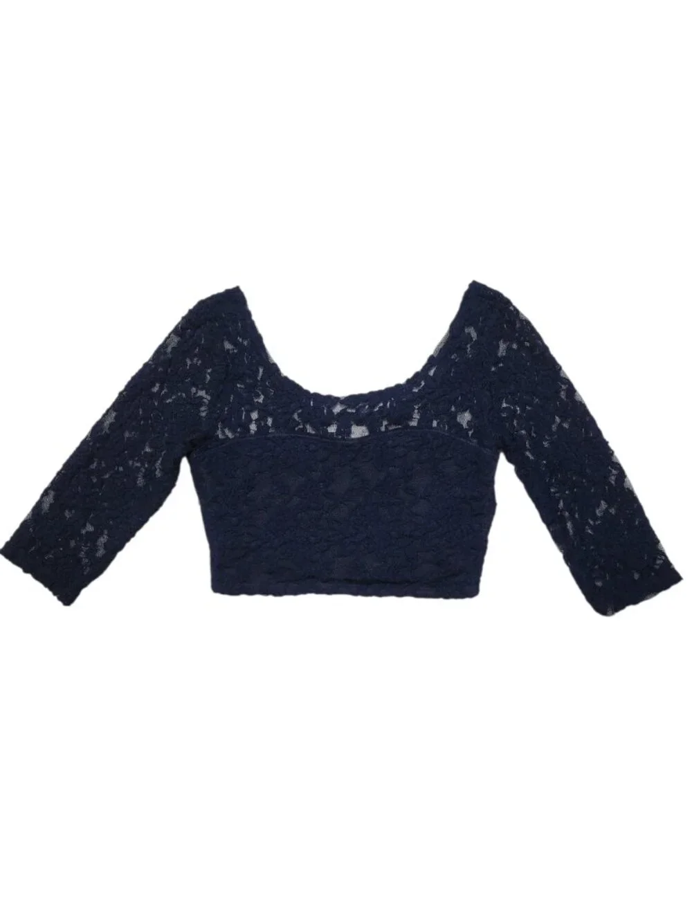 Abercrombie & Fitch Lace Crop Top 3/4 Sleeve Sheer Floral Mesh Blouse Navy Blue